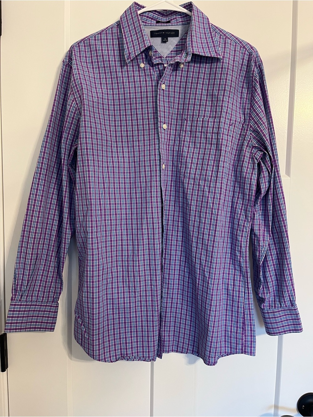 Tommy Hilfiger Men’s Slim Fit Plaid Dress Shirt Purple Blue Long Sleeve Size 16